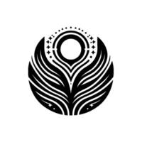 Intricate Black and White Circular Emblem Stylized Floral with Geometric Elements, Dots, and Starbursts, Set Against White Background. vector