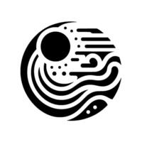 Abstract black and white minimalist circular featuring a sun or moon, waves, and stylized clouds or motion streaks, evokes calm. vector