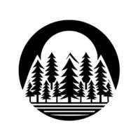 Minimalist black and white circular depicting a forest scene with pine trees, mountains, and a sun or moon shape. vector