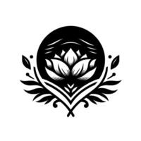 A symmetrical, black and white floral emblem features a detailed lotus flower encompassed by leaves, stylized swirls, and a partial encompassing circle, rendered on a white background. vector