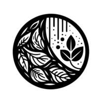 Abstract Black and White Circle Illustration featuring a stylized of intricate leaves, a segment of rain or waterfall, and small dots inside a circular frame. vector