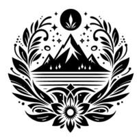 An ornate black and white circular showcasing mountain peaks, a lake, flora, stars, and a central lotus, evoking a sense of balance and harmony. vector
