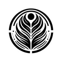 A symmetrical, stylized black and white emblem depicting a central leaflike within a circular frame, accented with dotted lines and geometric cutouts. vector
