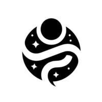 Celestial Emblem A stylized black and white featuring a cosmic sphere, a prominent central stream, and diamondshaped stars. vector