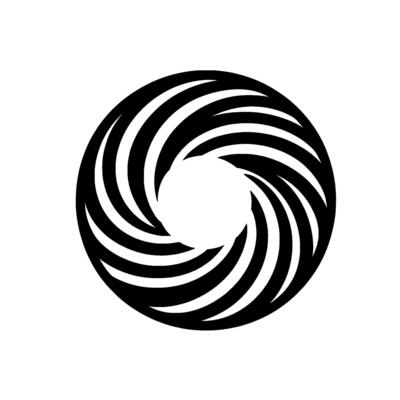 A striking, minimalist composition featuring a black and white spiral vortex against a plain white backdrop.