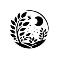 A minimalist circular illustration of a serene night scene with trees, birds, and a crescent moon, rendered in stark black and white. vector