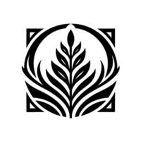 A stylized, symmetrical black and white illustration featuring a central leafy within a circular and square frame, representing nature and organic growth. vector