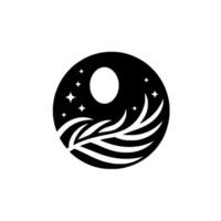 A celestial silhouette a stylized black and white circular depicting a moon, stars, and botanical elements. vector