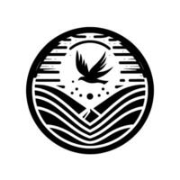 Stylized Circular Emblem Silhouetted Bird in Flight Above a Landscape of Fields and Mountains, Monochromatic. vector