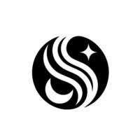 Abstract black and white swirling lines and crescent in a circle with a four pointed star, minimalist aesthetic vector