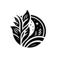Symbolic Black and White A circular composition depicting leafy foliage intertwined with a night scene featuring moon, stars, and pine trees, suggesting harmony. vector