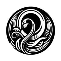 Black and white circular featuring stylized plant life, intricate curves, and a serene, organic aesthetic, a symbol of growth and nature. vector