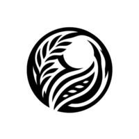 A stylized, circular emblem featuring symmetrical, abstract floral and leaf patterns in bold black and white contrast. vector