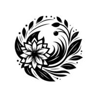 Elegant black and white floral emblem, featuring a centered stylized flower with layered petals, surrounded by stylized leaves, branches, and dots in a circular frame. vector