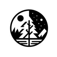 A stylized, circular illustration of a nighttime forest landscape, depicting a pine tree, mountain silhouette, moon, and stars in a minimalistic, geometric . vector