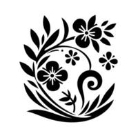 Elegant Black and White Floral Simplified Blossoms and Leafy Vines in a Circular Arrangement, Isolated on White Background vector