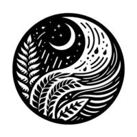 YinYang styled circle illustration of nature elements depicting day and night. Features moon, stars, rain, water, foliage, and abstract flowing forms. vector