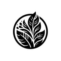 Monochromatic Botanical Emblem Abstract Black White Leafy Enclosed Within a Circle on a Clean White Background, Featuring Decorative Elements. vector