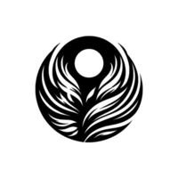 Abstract Black and White Circle Composition Featuring a Central White Orb Surrounded by Stylized Winglike Elements vector