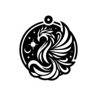 A stylized black and white phoenix emblem, set within a circular frame, featuring stars, a crescent moon, and celestial elements, symbolizing rebirth and strength. vector
