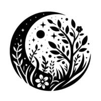 A stylized black and white circular illustration featuring a crescent moon with stars, moon, and organic elements such as flowers, leaves, and grass, showcasing a harmonious blend of celestial and nat vector