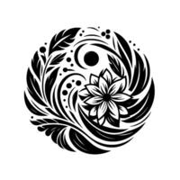 Elegant Circular Mandala A Black and White Floral Featuring a Central Flower, Leaves, and Swirling Elements, Symbolizing Balance and Harmony. vector
