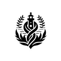 A monochromatic nautical emblem featuring a lighthouse embraced by swirling abstract shapes, foliage, and horizontal lines, creating an intricate coastal . vector