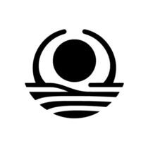 Minimalist black and white circular featuring a sphere encompassed by curved lines above stylized waves, suggesting nature and serenity. vector