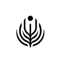 A minimalist emblem featuring a stylized black botanical with a central stem, radiating curved lines, and a circular top element, set against a pristine white background. vector