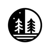 A stylized minimalist emblem showcasing a circle divided into day and night, with trees symbolizing nature, and the contrast between light and dark. vector