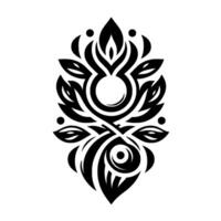 Symmetrical Black and White Floral Ornament with Ornamental Leaves, Swirls and Geometric Dots, Isolated on White Background vector
