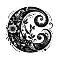 Intricate black and white circular floral , with elegant botanical elements, swirls, and dot accents, creating a stylized decorative composition. vector