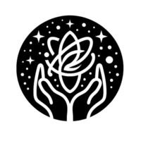 Artistic rendering of hands cradling an atoms orbital model within a starry cosmos, in black and white. vector