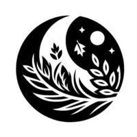 YinYang Symbol Depicting Celestial Night Scene of Crescent Moon, Stars, and Foliage in Contrasting Black and White . vector