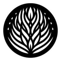 Abstract black circle art with stylized white leaves radiating from a central point with droplet details on the outer edge, monochrome . vector
