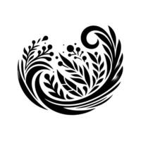 Black and white symmetrical floral , stylized leaves, berries and swirling patterns, forming a circular composition with abstract organic shapes on a white background. vector
