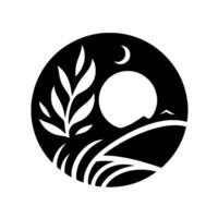 Minimalist Black White Nature Circular featuring a crescent moon, sun, mountain, vegetation, and a field. vector