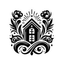 Black and White Stylized Home , Framed by Floral Symmetry, with Sunburst and Decorative Scrollwork Elements. vector