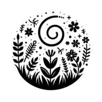 Black and white illustration of floral elements arranged in a circle with spiral detail and textured grass at the base. vector