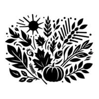 Black and white illustration of autumn harvest symbols pumpkin, leaves, wheat, and sun, in a dense, decorative arrangement. vector