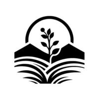 A minimalist black and white featuring a plant growing between mountains, framed by a semicircle and stylized land. vector