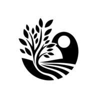 Stylized Black and White Tree, Field, and Sun Inside a Circle, Evoking Nature and Growth. vector