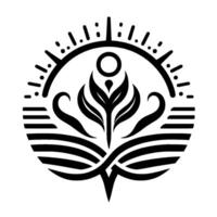 Abstract Black and White Circular Emblem featuring stylized floral elements, sunlike rays, and layered lines, with a central sphere and pointed base. vector
