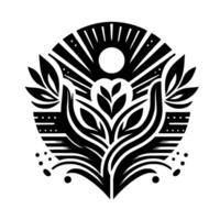 Symbolic black and white illustration of hands cradling a plant and flower, sunburst, and circular frame, representing growth. vector