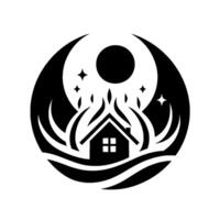 Black and white minimalist featuring a house, sun, stars, crescent moons, and waves, encompassed within a circular . vector