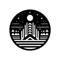 Abstract black and white circular featuring an art deco stylized cityscape under a starry night sky with a full moon, mountain motif. vector