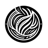 Intricate black and white circular featuring stylized leaflike shapes, patterns of stripes, and dots within a bold frame. vector