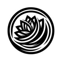 Black and white stylized floral emblem within a circular border, showcasing layered petals and curving lines, creating a modern, minimalist . vector
