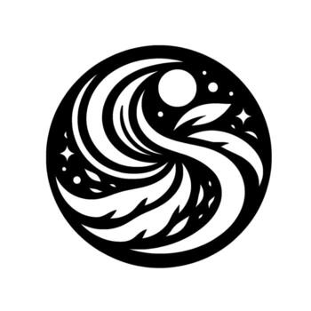 Celestial Swirl An abstract emblem of swirling white forms, celestial elements, and stars, contained within a black circular frame. vector