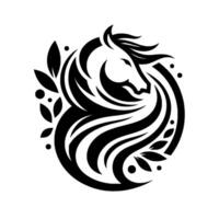 Monochromatic, elegant of a horses head and flowing mane, intertwined with leaves and dots, creating a circular on a white background. vector